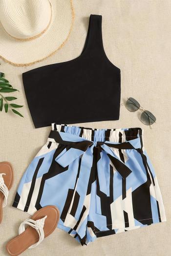 new casual slight stretch patchwork tank top batch printing loose shorts set