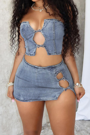new sexy plus-size slight stretch patchwork bandeau top mini skirts set