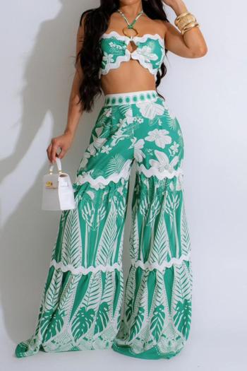 sexy plus size non-stretch flower batch print crop top wide-leg pants set