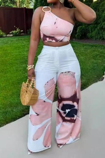 plus size one shoulder slight stretch flower printing sexy loose pants set