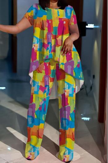 casual plus size slight stretch batch printing loose simple pants set#1