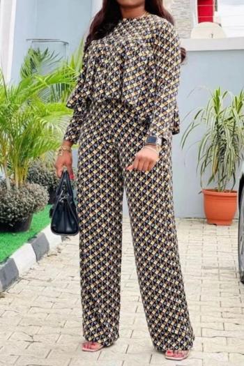 casual plus size non-stretch batch printing loose long-sleeved pants set