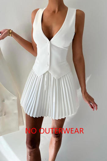new slight stretch solid color patchwork v-neck tank tops pleat mini skirts sets