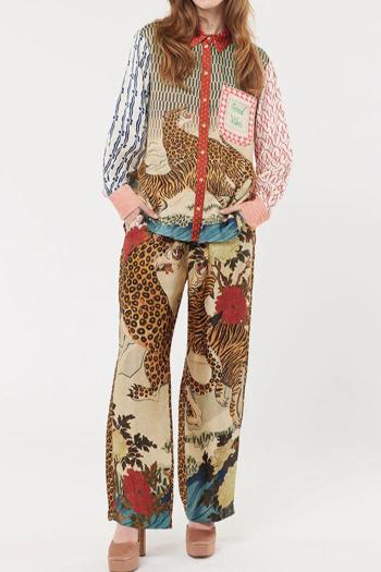 new non-stretch multi-pattern fixed printing polyester blouse & pocket pant sets