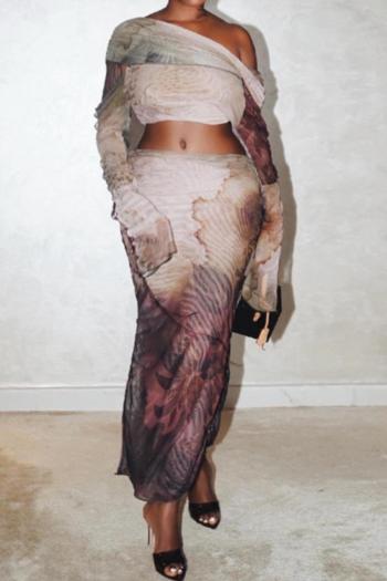 sexy slight stretch tie dye oblique shoulder hollow lace-up top & skirt set