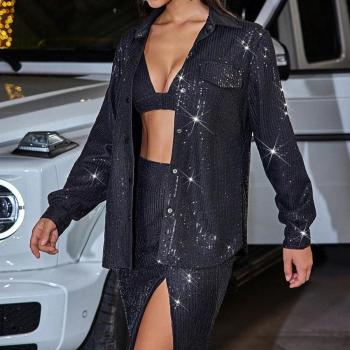 New stylish slight stretch solid color patchwork sequin pocket blouse maxi skirts sets