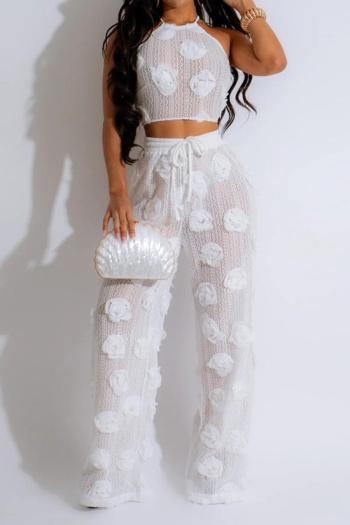 sexy plus size slight stretch flower decor see-through backless pants set
