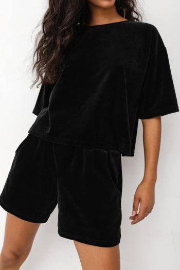 casual slight stretch solid color loose velvet shorts set