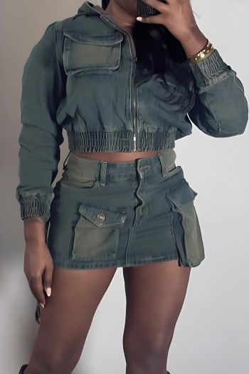 casual plus size non-stretch hooded zip-up jacket denim mini skirt set