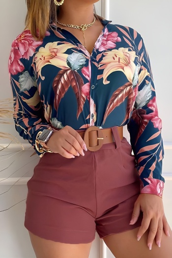 casual plus size non-stretch flower batch printing blouse solid shorts set#1(with brown belt)