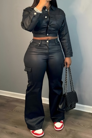 new casual plus-size slight stretch patchwork pu long sleeve jackets pants sets