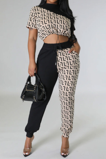 casual plus size stretch contrasting cropped t-shirt drawstring slim pants set