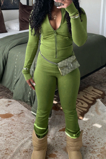 casual plus size slight stretch solid color fleece slim zip-up pants set