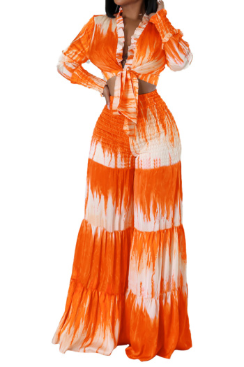 plus size new slight stretch contrast color printing laced casual pants set