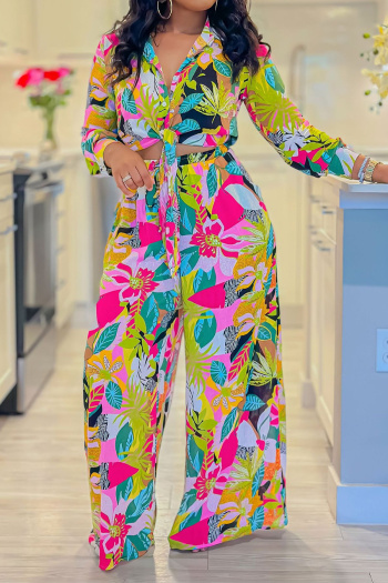 stylish plus size non-stretch leaf printing blouse & wide-leg pants set#1#