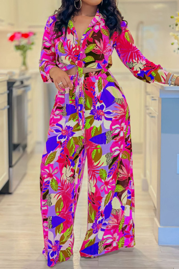 stylish plus size non-stretch leaf printing blouse & wide-leg pants set#2#