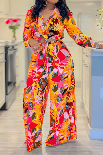 stylish plus size non-stretch leaf printing blouse & wide-leg pants set#3#