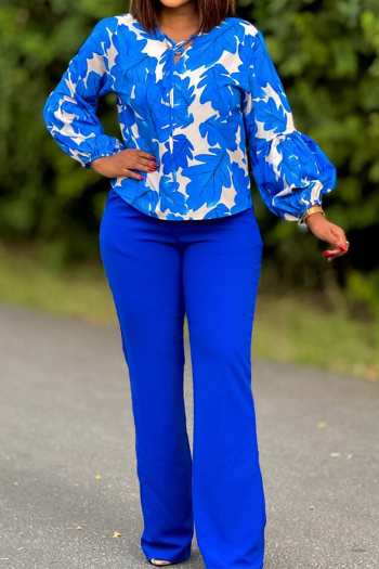 stylish plus size non-stretch leaf printing 3 colors top & wide-leg pants set