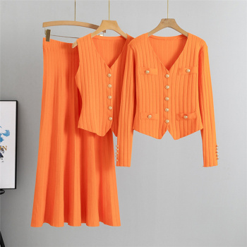 casual slight stretch solid color knitted 6-colors midi skirt three-piece set