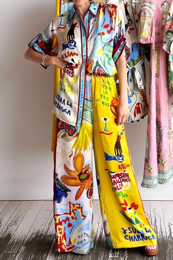 casual no-stretch patchwork contrast satin short-sleeve tops lace-up pants sets