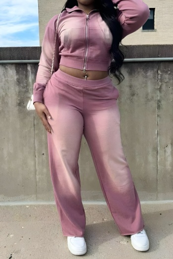 stylish slight stretch washed gradient zip-up sweatshirt & pants set