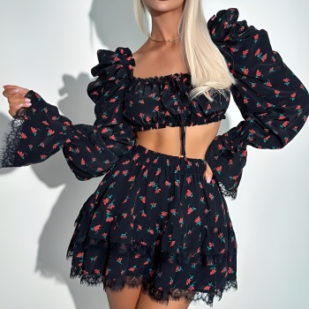new stylish no-stretch patchwork lace flowers batch printing flared-sleeved tops & high-waist mini skirts sets