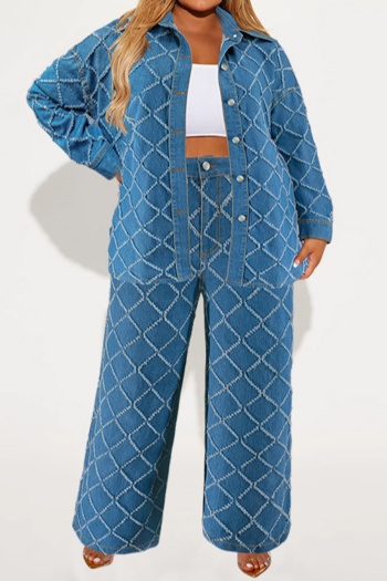 stylish new plus size non-stretch diamond jacquard loose denim pants set