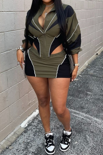 new casual slight stretch contrast patchwork irregular jackets mini skirts sets