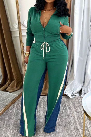new stylish plus-size dralon & denim patchwork contrast ribbed tops pants sets