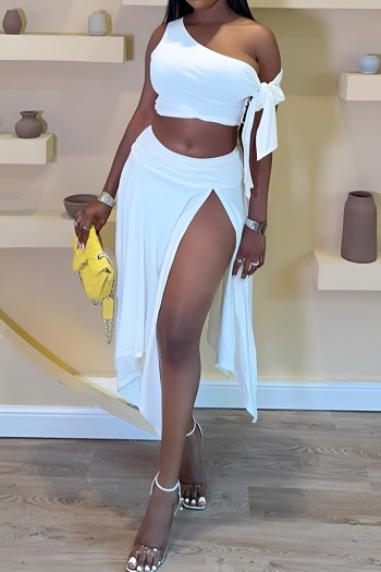 sexy slight stretch one-shoulder 2 colors slit skirts sets