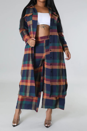 casual plus size non-stretch plaid print slit midi top and pants set