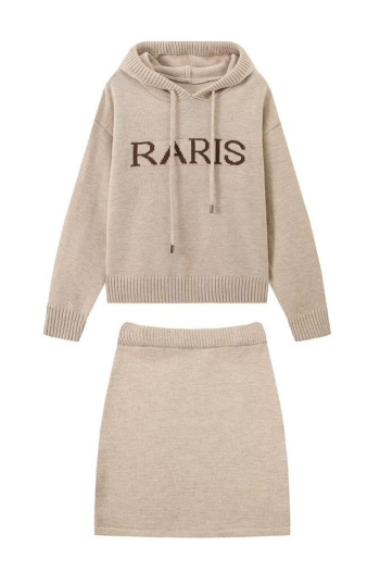 casual slight stretch ribbed knit hooded mini skirt sets