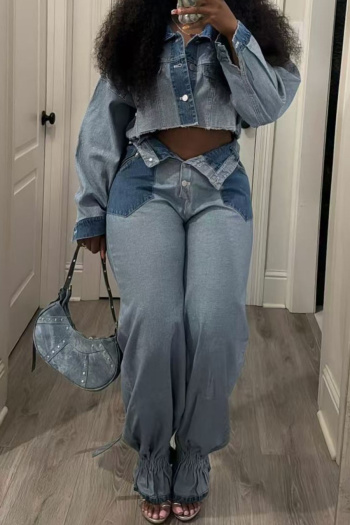 casual plus size non-stretch denim contrast color lapel pants sets