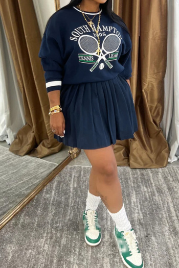 casual plus size non-stretch crew neck fixed printing mini skirt sets