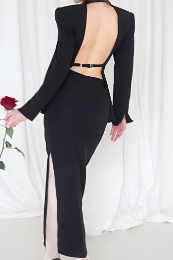 new slight stretch patchwork black backless blazers & maxi skirts sets