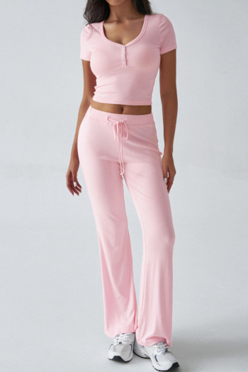 new slight stretch patchwork 4-color short sleeve tops & lace-up pants sets