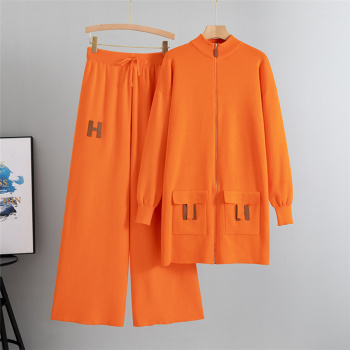casual slight stretch solid color knitted mid-length zip-up cardigan pants set