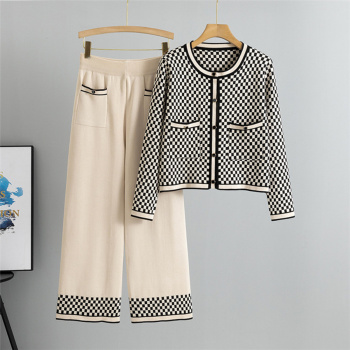 casual slight stretch knitted plaid cardigan sweater wide leg pants set