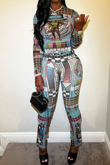 new stretch digital printing crew neck mesh see-through sexy pants set