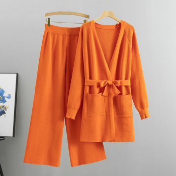 casual plus size stretch 8-colors knitted mid-length cardigan belt pants set