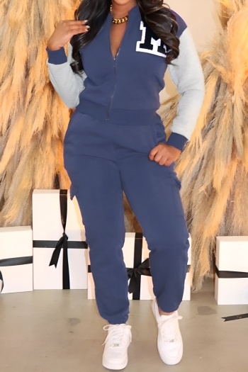 casual plus-size slight stretch contrast long sleeve tops high-waist pants sets