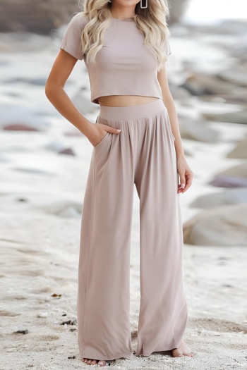 casual plus size slight stretch pure color crop t-shirt & wide-leg pants set