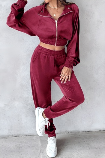 stylish plus size slight stretch velvet 4 colors zip-up outerwear & pants set