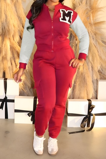 casual plus size non-stretch contrast color sweatshirt fleece pants set