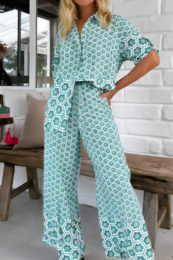 new stylish no-stretch geometric printing blouse & wide-leg pants sets