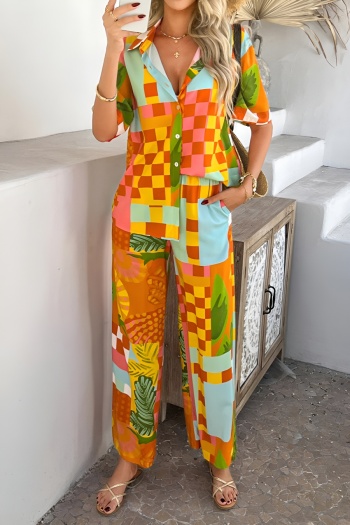 bohemian style non-stretch graphic printing blouse & pants set(no underwear)