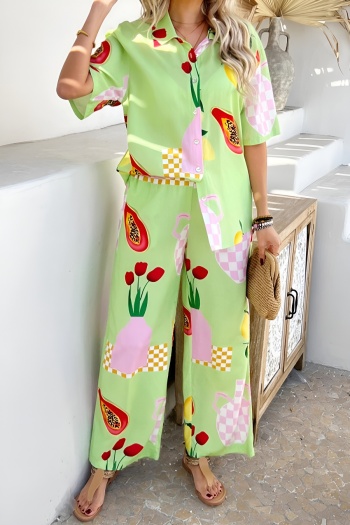 bohemian casual non-stretch fruit printing blouse & pants set(no underwear)
