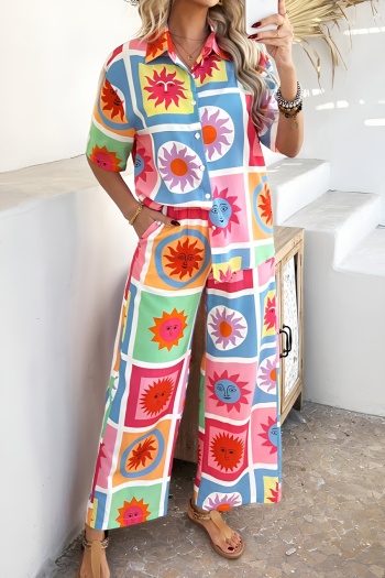 bohemian casual non-stretch sun printing blouse & pants set(no underwear)