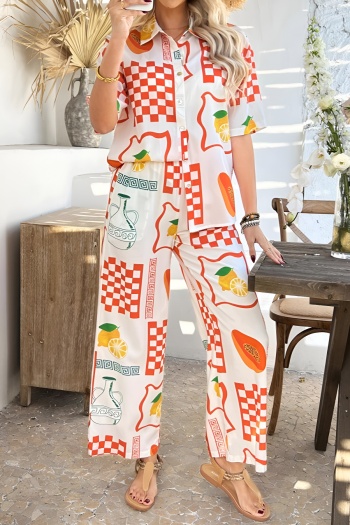 bohemian non-stretch lattice and fruit print blouse & pants set(no underwear)
