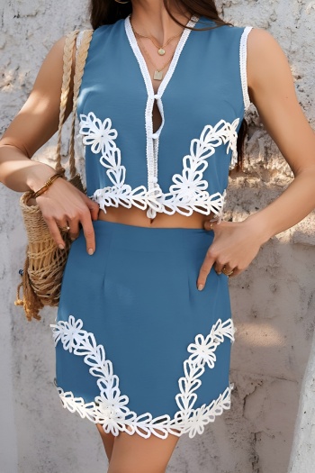 stylish non-stretch color-block appliqued v-neck vest & mini skirt set